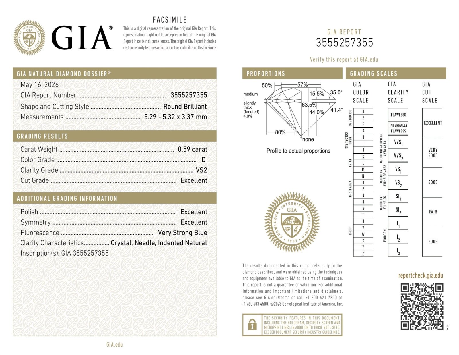 Diamante Natural GIA - Redondo 0.59 carats (D/VS2/3EXC) - Imagen 2