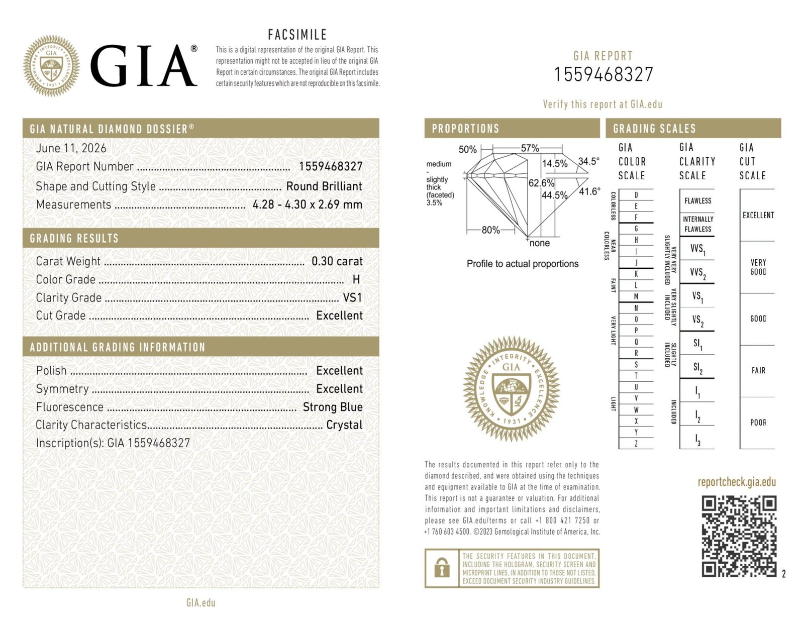 Diamante Natural GIA - Redondo 0.30 carats (H/VS1/3EXC) - Imagen 2