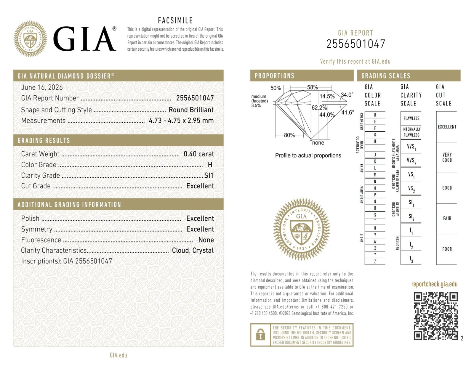 Diamante Natural Redondo 0.40 carats (H/SI1/3EXC) - Imagen 2