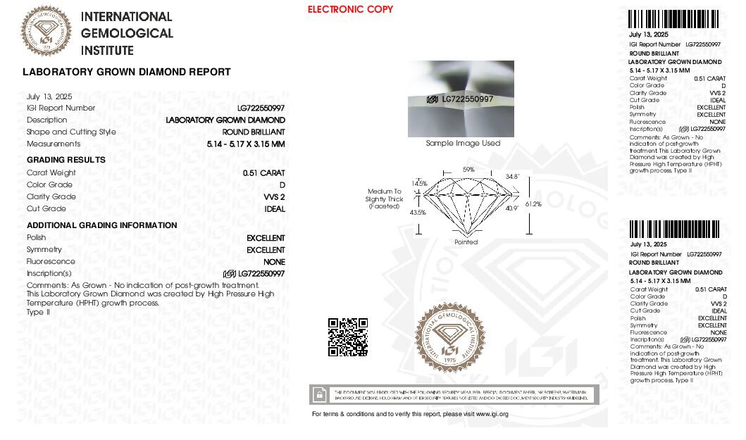 Alternative view of Diamante de Laboratorio REDONDO 0.51 carats (D/VVS2/3EXC)