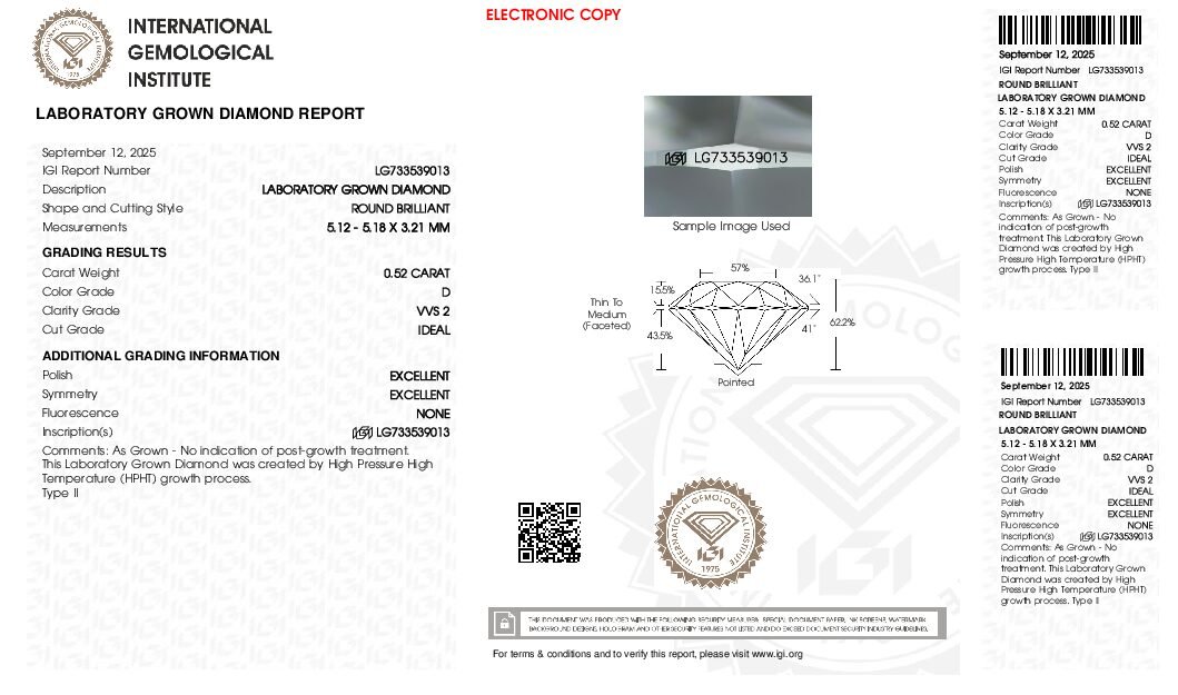 Alternative view of Diamante de Laboratorio REDONDO 0.52 carats (D/VVS2/3EXC)