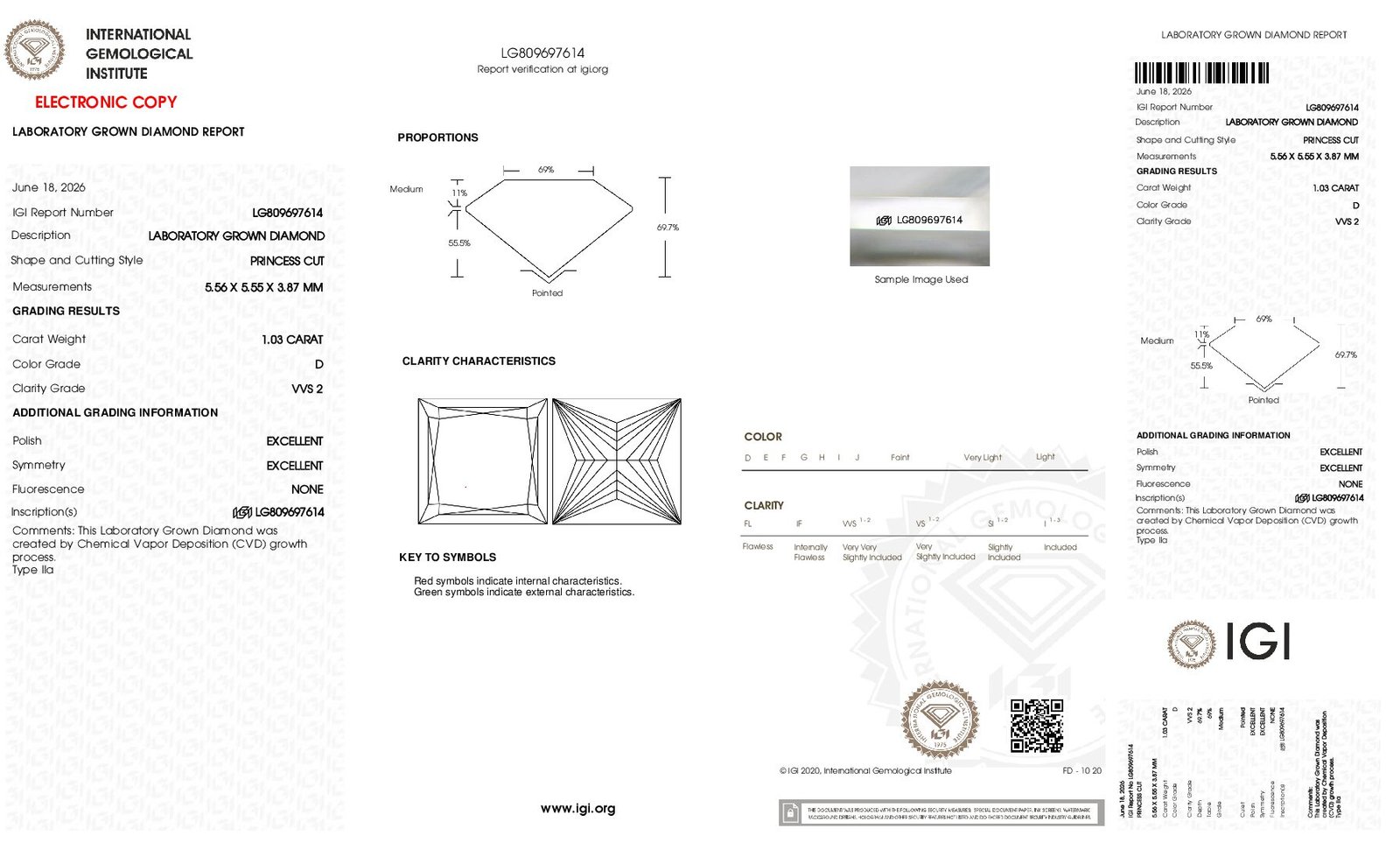 Alternative view of Diamante de Laboratorio Princesa 1.03 carats (D/VVS2/3EXC)