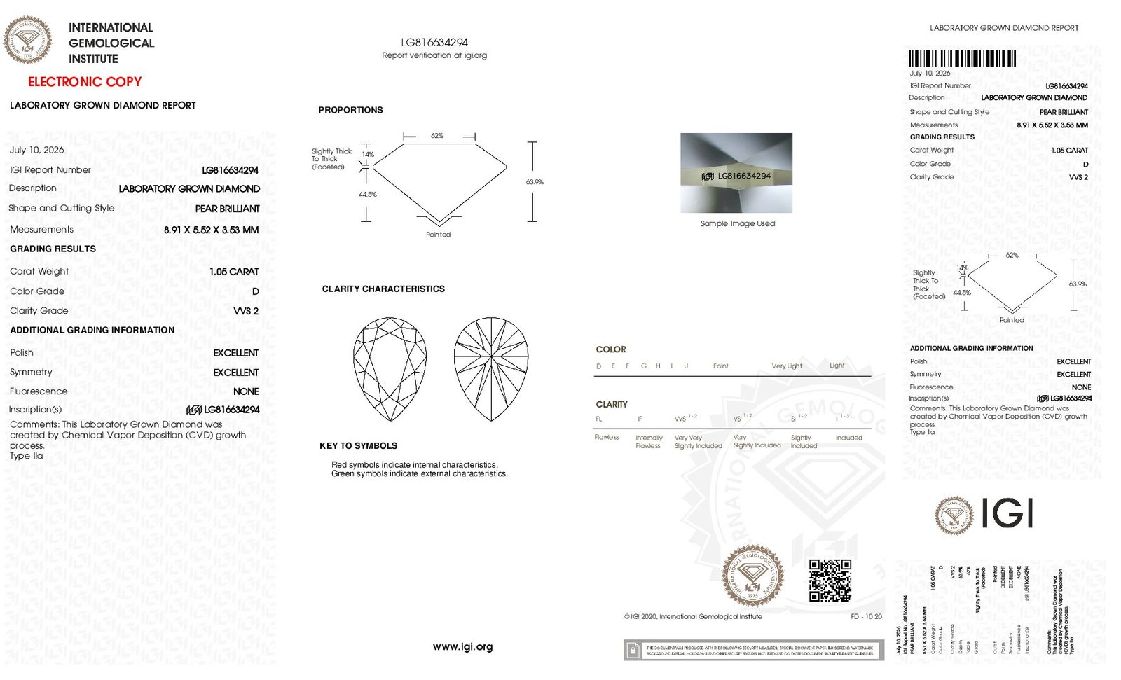 Alternative view of Diamante de Laboratorio  Pera 1.05 carats (D/VVS2/3EXC)